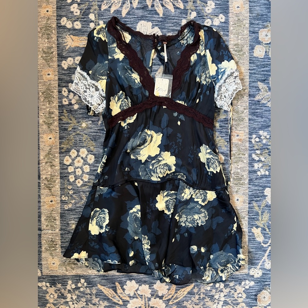 Free People Floral Dress with Lace Trim - Black and Yellow